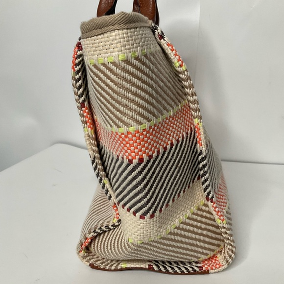 Jen & Co Woven Patterned Cotton Peach Cream Grey Striped Tote Bag Lined Interior - Picture 6 of 15